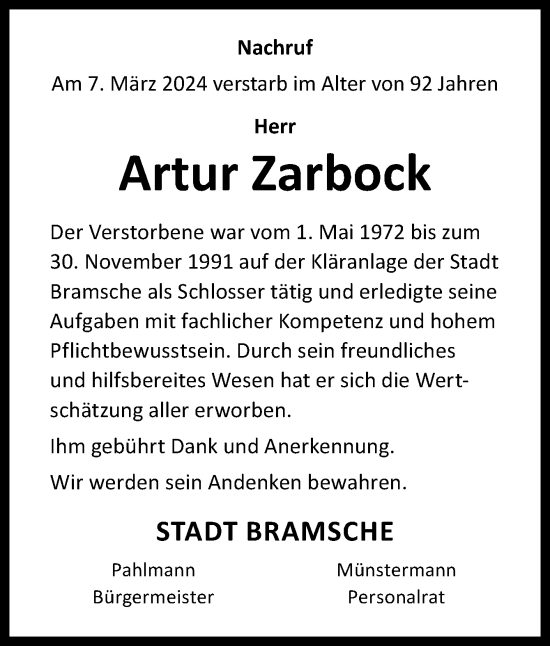 Traueranzeige von Artur Zarbock von Neue Osnabrücker Zeitung GmbH & Co. KG