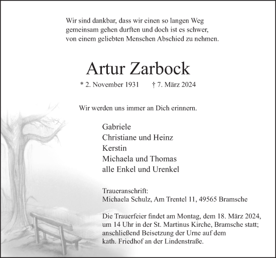 Traueranzeige von Artur Zarbock von Neue Osnabrücker Zeitung GmbH & Co. KG