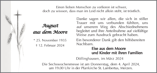 Traueranzeige von August aus dem Moore von Neue Osnabrücker Zeitung GmbH & Co. KG