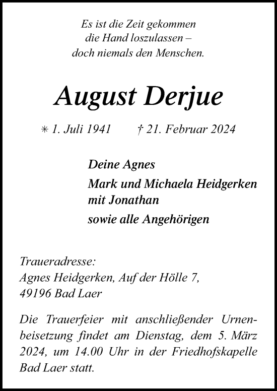 Traueranzeige von August Derjue von Neue Osnabrücker Zeitung GmbH & Co. KG