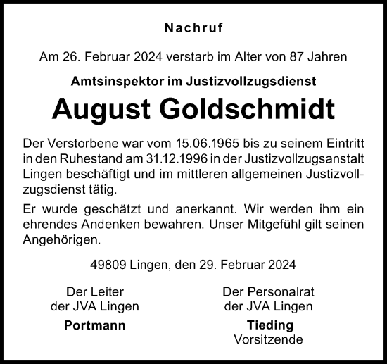 Traueranzeige von August Goldschmidt von Neue Osnabrücker Zeitung GmbH & Co. KG