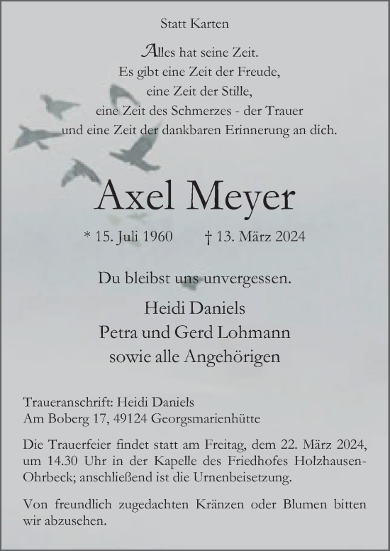 Traueranzeige von Axel Meyer von Neue Osnabrücker Zeitung GmbH & Co. KG