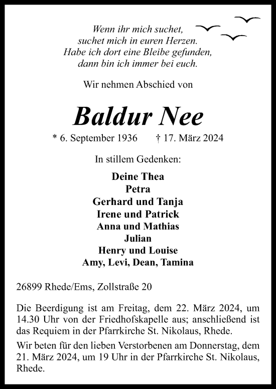 Traueranzeige von Baldur Nee von Neue Osnabrücker Zeitung GmbH & Co. KG