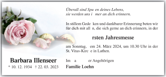 Traueranzeige von Barbara Illenseer von Neue Osnabrücker Zeitung GmbH & Co. KG