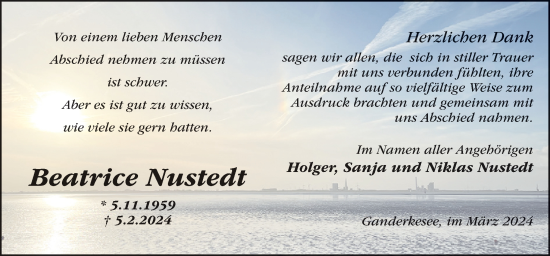 Traueranzeige von Beatrice Nustedt von DK Medien GmbH & Co. KG