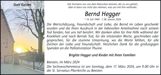 Traueranzeige von Bernd Hegger von Neue Osnabrücker Zeitung GmbH & Co. KG