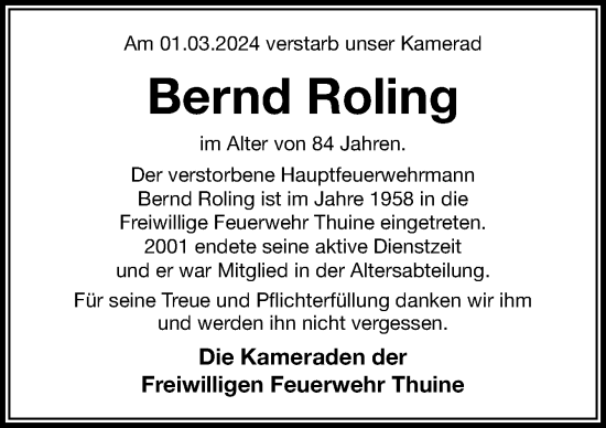 Traueranzeige von Bernd Roling von Neue Osnabrücker Zeitung GmbH & Co. KG