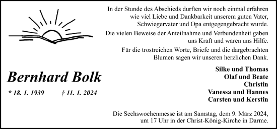 Traueranzeige von Bernhard Bolk von Neue Osnabrücker Zeitung GmbH & Co. KG