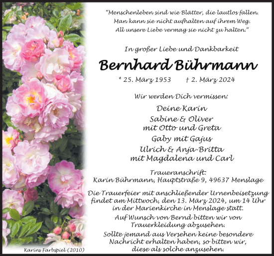 Traueranzeige von Bernhard Bührmann von Neue Osnabrücker Zeitung GmbH & Co. KG