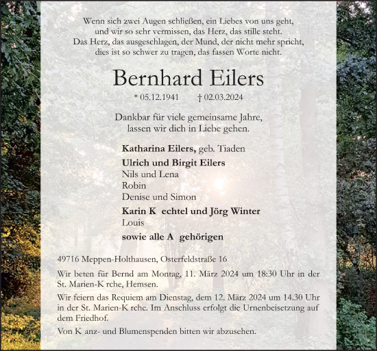 Traueranzeige von Bernhard Eilers von Neue Osnabrücker Zeitung GmbH & Co. KG