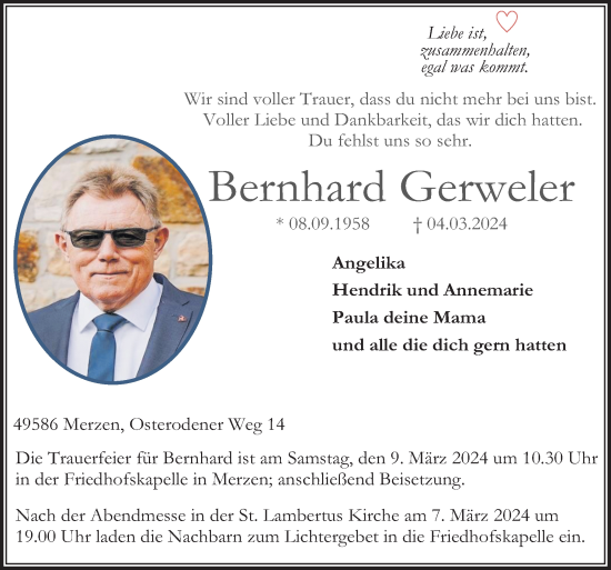 Traueranzeige von Bernhard Gerweler von Neue Osnabrücker Zeitung GmbH & Co. KG