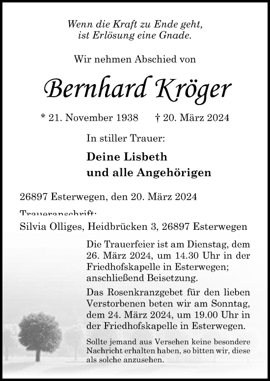 Traueranzeige von Bernhard Kröger von Neue Osnabrücker Zeitung GmbH & Co. KG