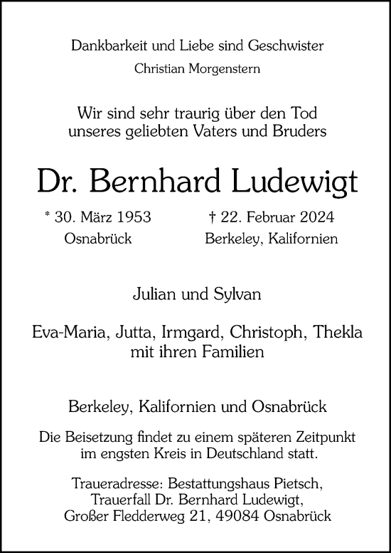 Traueranzeige von Bernhard Ludewigt von Neue Osnabrücker Zeitung GmbH & Co. KG
