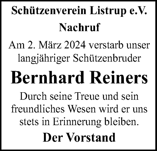 Traueranzeige von Bernhard Reiners von Neue Osnabrücker Zeitung GmbH & Co. KG