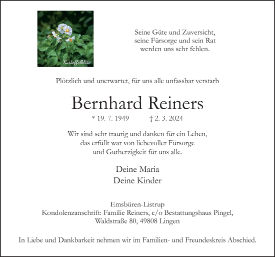 Traueranzeige von Bernhard Reiners von Neue Osnabrücker Zeitung GmbH & Co. KG