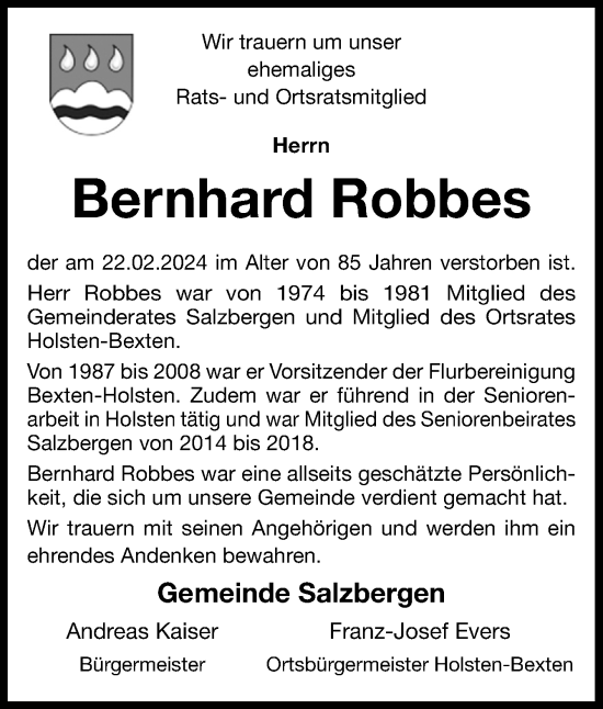 Traueranzeige von Bernhard Robbes von Neue Osnabrücker Zeitung GmbH & Co. KG