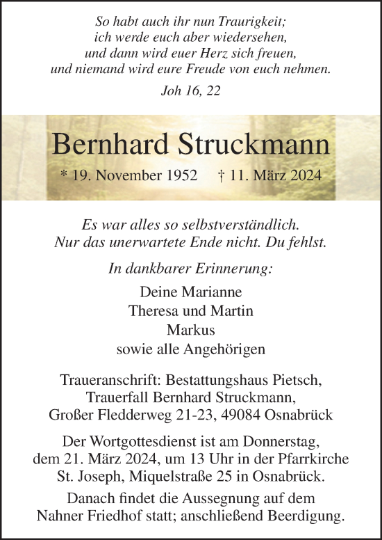 Traueranzeige von Bernhard Struckmann von Neue Osnabrücker Zeitung GmbH & Co. KG