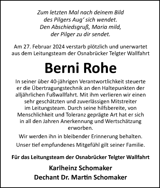 Traueranzeige von Berni Rohe von Neue Osnabrücker Zeitung GmbH & Co. KG