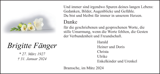 Traueranzeige von Brigitte Fänger von Neue Osnabrücker Zeitung GmbH & Co. KG