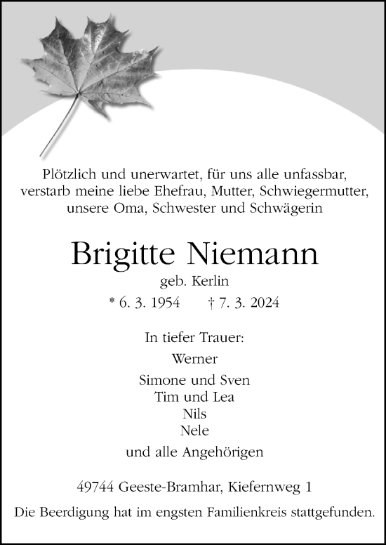 Traueranzeige von Brigitte Niemann von Neue Osnabrücker Zeitung GmbH & Co. KG