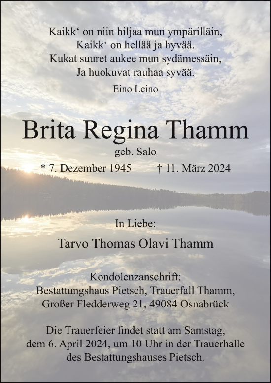 Traueranzeige von Brita Regina Thamm von Neue Osnabrücker Zeitung GmbH & Co. KG