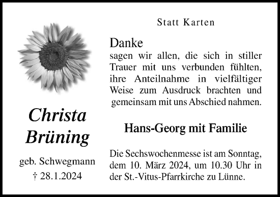 Traueranzeige von Christa Brüning von Neue Osnabrücker Zeitung GmbH & Co. KG