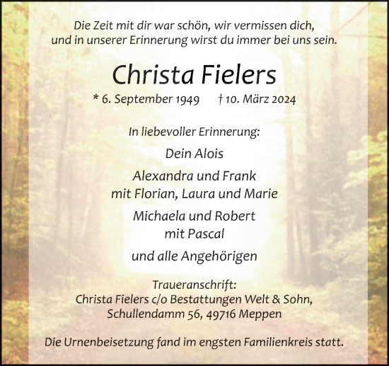 Traueranzeige von Christa Fielers von Neue Osnabrücker Zeitung GmbH & Co. KG