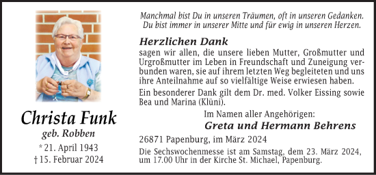 Traueranzeige von Christa Funk von Neue Osnabrücker Zeitung GmbH & Co. KG
