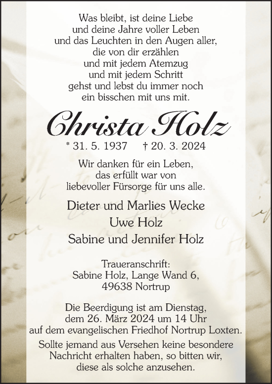 Traueranzeige von Christa Holz von Neue Osnabrücker Zeitung GmbH & Co. KG