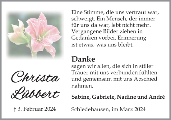 Traueranzeige von Christa Lübbert von Neue Osnabrücker Zeitung GmbH & Co. KG