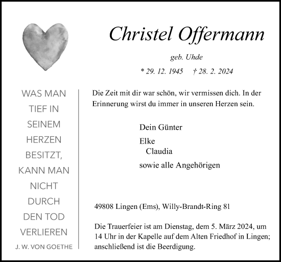 Traueranzeige von Christel Offermann von Neue Osnabrücker Zeitung GmbH & Co. KG