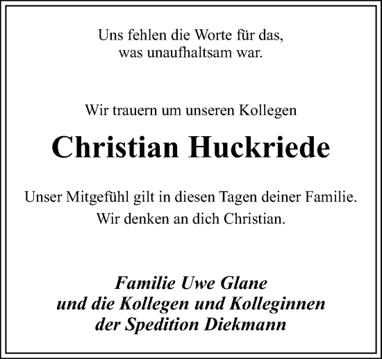 Traueranzeige von Christian Huckriede von Neue Osnabrücker Zeitung GmbH & Co. KG