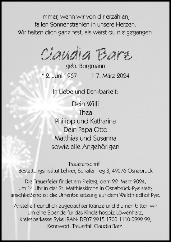 Traueranzeige von Claudia Barz von Neue Osnabrücker Zeitung GmbH & Co. KG