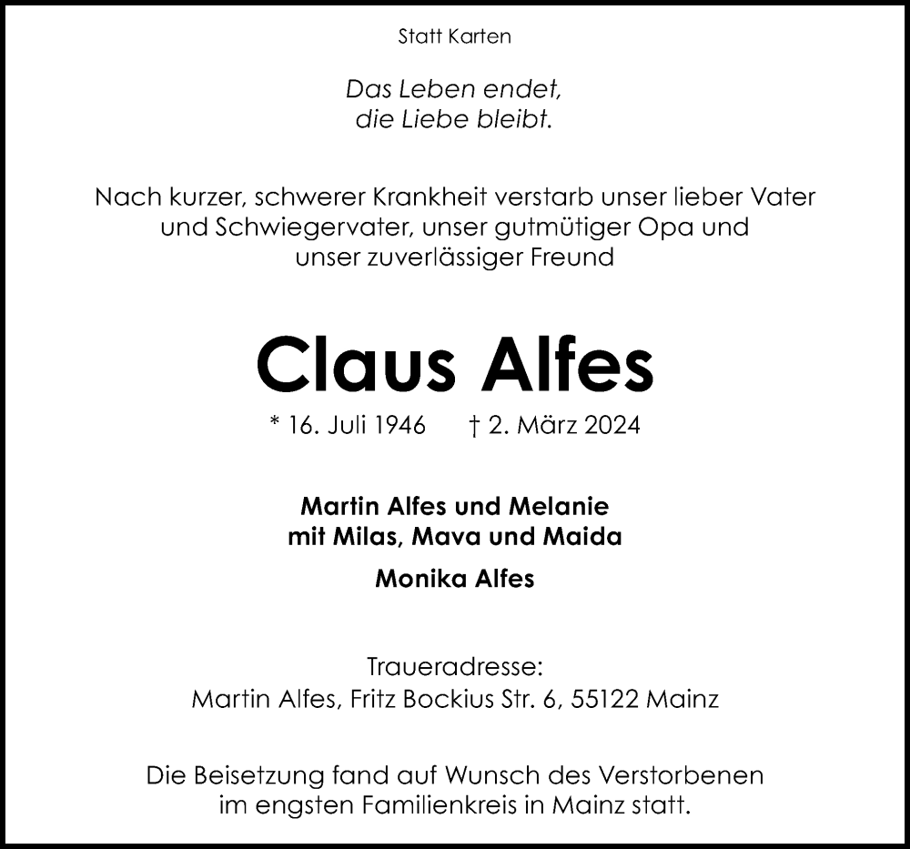  Traueranzeige für Claus Alfes vom 27.03.2024 aus Neue Osnabrücker Zeitung GmbH & Co. KG