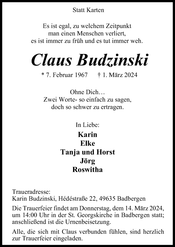  Traueranzeige für Claus Budzinski vom 09.03.2024 aus Neue Osnabrücker Zeitung GmbH & Co. KG