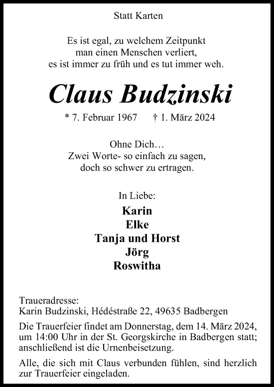 Traueranzeige von Claus Budzinski von Neue Osnabrücker Zeitung GmbH & Co. KG