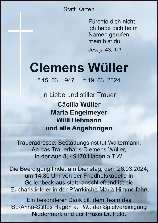 Traueranzeige von Clemens Wüller von Neue Osnabrücker Zeitung GmbH & Co. KG