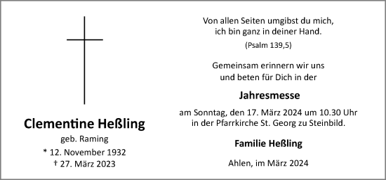 Traueranzeige von Clementine Heßling von Neue Osnabrücker Zeitung GmbH & Co. KG