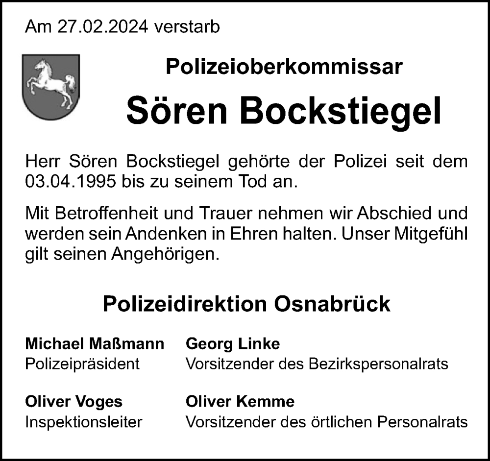  Traueranzeige für Sören Bockstiegel vom 01.03.2024 aus Neue Osnabrücker Zeitung GmbH & Co. KG