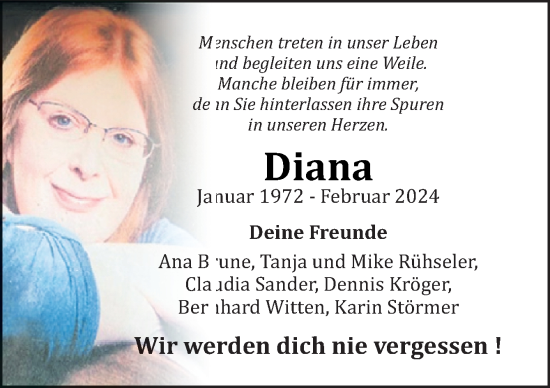 Traueranzeige von Diana  von Neue Osnabrücker Zeitung GmbH & Co. KG