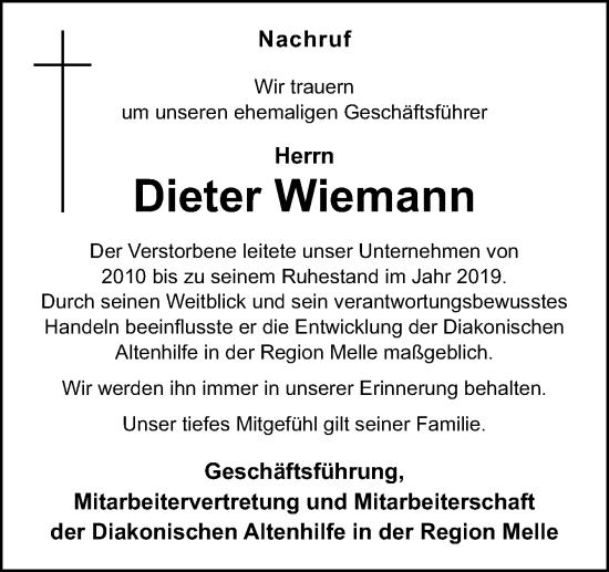 Traueranzeige von Dieter Wiemann von Neue Osnabrücker Zeitung GmbH & Co. KG