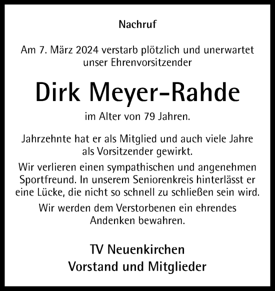 Traueranzeige von Dirk Meyer-Rahde von Neue Osnabrücker Zeitung GmbH & Co. KG