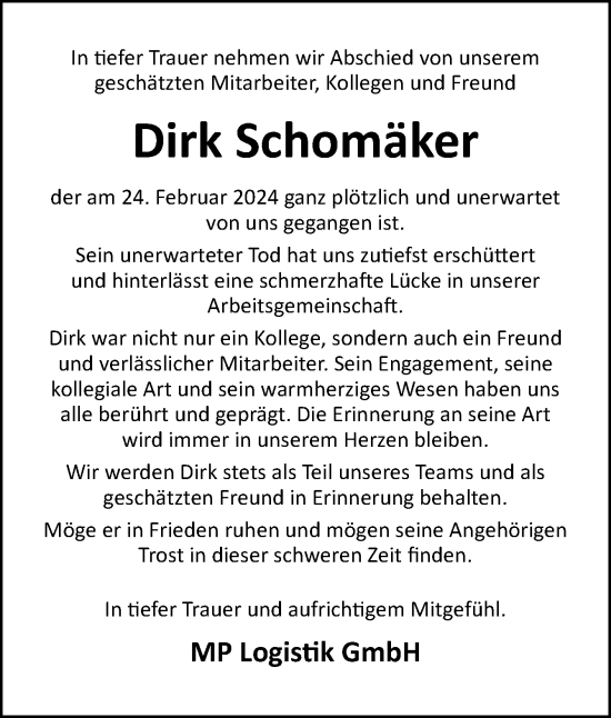 Traueranzeige von Dirk Schomäker von Neue Osnabrücker Zeitung GmbH & Co. KG