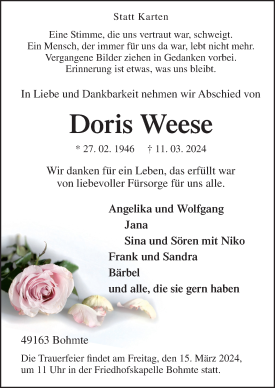 Traueranzeige von Doris Weese von Neue Osnabrücker Zeitung GmbH & Co. KG