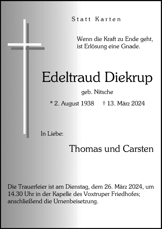 Traueranzeige von Edeltraud Diekrup von Neue Osnabrücker Zeitung GmbH & Co. KG