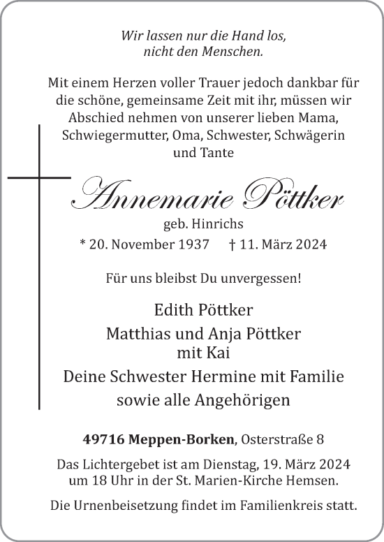 Traueranzeige von Edith Pöttker von Neue Osnabrücker Zeitung GmbH & Co. KG