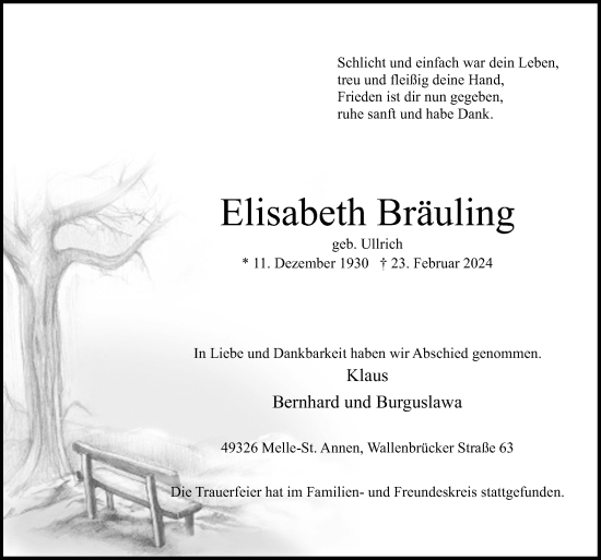 Traueranzeige von Elisabeth Bräuling von Neue Osnabrücker Zeitung GmbH & Co. KG