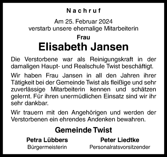 Traueranzeige von Elisabeth Jansen von Neue Osnabrücker Zeitung GmbH & Co. KG