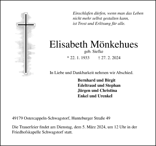 Traueranzeige von Elisabeth Mönkehues von Neue Osnabrücker Zeitung GmbH & Co. KG