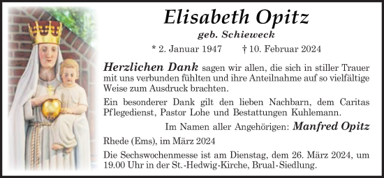 Traueranzeige von Elisabeth Opitz von Neue Osnabrücker Zeitung GmbH & Co. KG